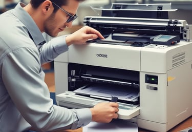 a man in a blue shirt is standing in front of a printer