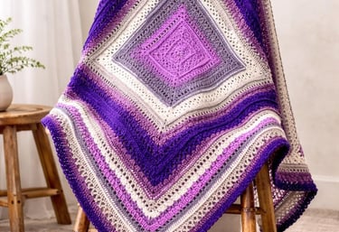 Handmade crochet blanket in purple and cream ombre square pattern draped over a wooden chair.