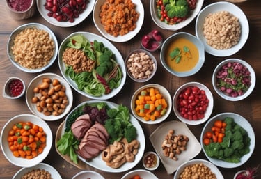 a table with bowls of food and vegetables