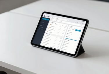 A clean, minimalist white workspace in a North American corporate setting with a tablet displaying a secure dashboard.