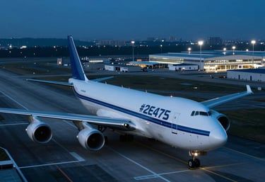 An aerial shot of a large air cargo plane on a runway at night, with cool blue lighting (#2E475B) and the lights of a modern logistics hub in the background.