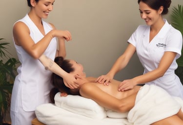 Close-up of hands gently massaging a client's back in a calm setting.