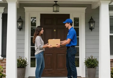 A smiling delivery person handing a red shirt package to a happy customer at their door.
