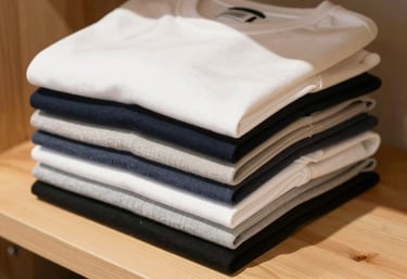 Close-up shot of colorful t-shirt designs laid out neatly, highlighting the details and textures.