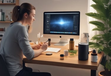 A friendly person browsing health products on a laptop with supplements and fitness gear nearby.
