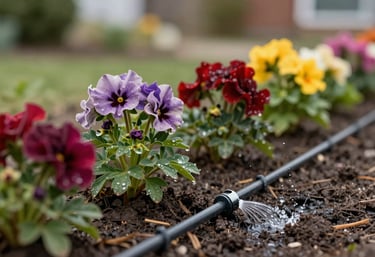 A macro photography shot of a precision drip irrigation line watering a row of colorful perennials in a North American residential flower bed. Droplets of water are visible on the dark soil.