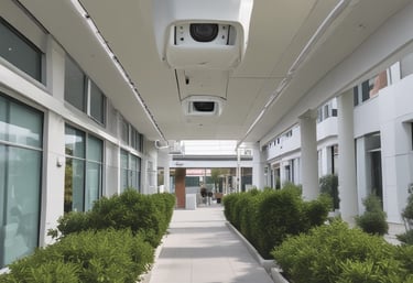 Close-up of a modern security camera mounted on a building corner.