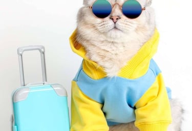 Un gato gris y esponjoso, con gafas de sol y una sudadera con capucha, sentado junto a una maleta de viaje azul.
