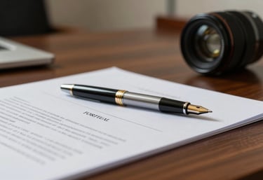 A close-up of a high-quality pen resting on a legal document on a mahogany desk, with blurred office background, professional and sophisticated atmosphere in Portugal.