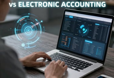 Close-up of hands working on accounting documents with a calculator and laptop.