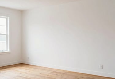 A clean, finished interior of a newly built modern North American home, featuring white walls and natural wood flooring. Minimalist and professional style, high-end construction.