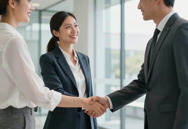Two professionals in North American business casual attire shaking hands in a bright, modern corporate lobby with clean glass walls.