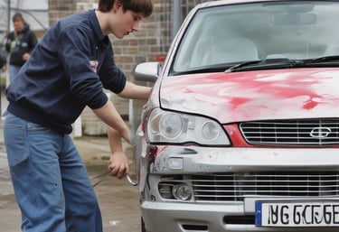 A Salvadoran instructor teaching a small group practical automotive repair skills in a workshop.