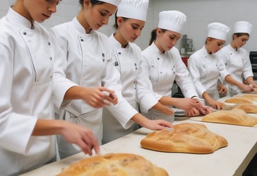 A Salvadoran baker demonstrating bread making to attentive students in a bright kitchen.