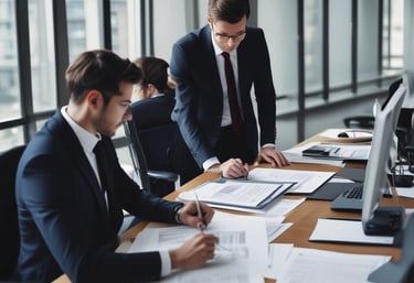 Young professionals collaborating over international trade documents in a modern office.