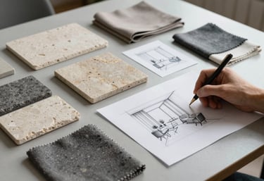 A moodboard on a light grey table featuring stone samples, fabric swatches in monochrome tones, and hand-drawn sketches of interior layouts.