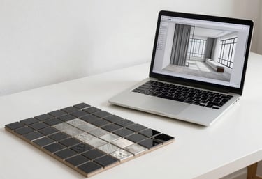 A clean, bright architectural workspace with a laptop showing a 3D model of a room, next to a palette of black and silver mosaic tiles.