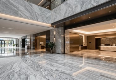A wide-angle interior shot of a commercial lobby featuring perfectly polished grey marble floors and smooth, open modern architecture.