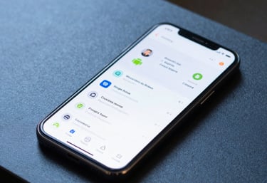 An Android smartphone showing a sleek app interface, sitting on a modern blue surface. The lighting is crisp and the style is professional and informative.