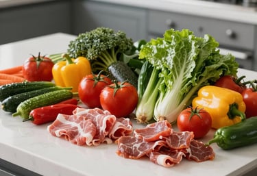 A variety of fresh, colorful vegetables and lean protein sources on a clean North American kitchen counter. The composition is modern and highlights healthy food as the foundation of fitness.