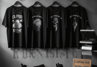 Playeras negras de Cloud Wake Wear colgadas, junto a botas y elementos de streetwear.