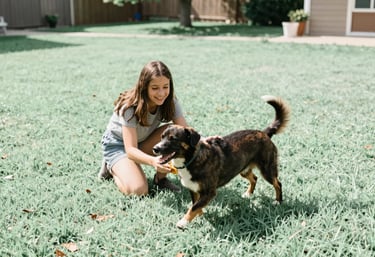 A happy family pet playing on a bright, soft mint green lawn in a North American / US backyard. The setting is sunny, conveying a safe and protected home environment.