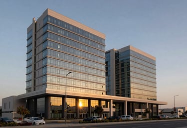 The sleek, modern exterior of a luxury hospital building at dusk in a Global / Western & GCC Business city, reflecting golden sunset light.