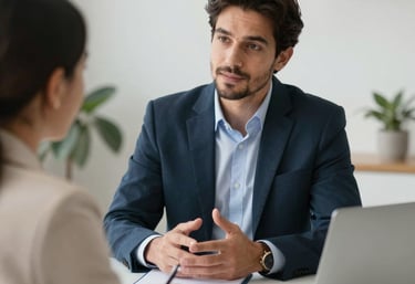 Professional real estate advisor talking on the phone with a client, in a modern office.