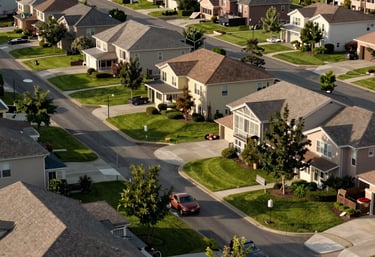 A pristine residential neighborhood with clean rooflines and lush green lawns, shot from a high angle in soft afternoon light.