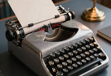 A professional photograph of a vintage silver typewriter on a dark slate blue desk. A stack of cream-colored paper and a small gold lamp are in the background. The mood is focused and inspiring, set in a North American study.