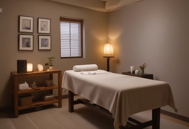 A serene therapy room with soft natural light and calming decor.