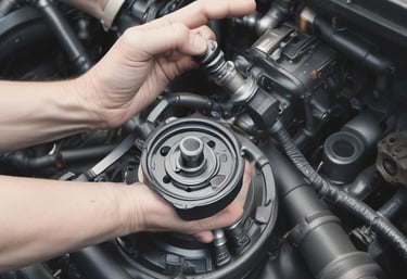 Close-up of a mechanic repairing a car steering box in a workshop.