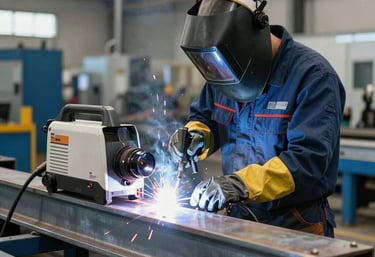 A professional photograph of an industrial fabricator in a clean workshop, using a MIG welder on a large steel frame. The scene is well-lit, showing the protective gear and the industrial blue and grey environment.