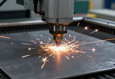 A photograph capturing the bright sparks of a precision laser cutting head as it slices through a dark grey steel plate. The background is a dimly lit, high-tech industrial environment, emphasizing the advanced technology used.