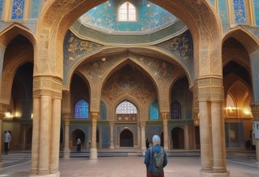 A serene illustration of Rûmi meditating under a blooming tree, surrounded by swirling mystical calligraphy.