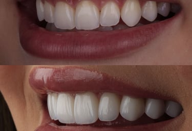 Before and after dental porcelain veneers showing a smile transformation with bright white teeth.