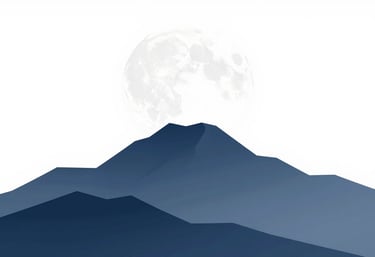 A minimalist illustration of a moon rising over a mountain range, using clean lines and a palette of #2C3E50, #5D7E8C, and #AABEC6 on a bright #F0F5F7 background.