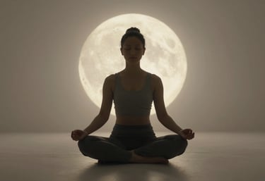 A person sitting in a peaceful seated meditation, silhouetted against a soft, glowing light source reminiscent of a full moon, with a calm and premium aesthetic.