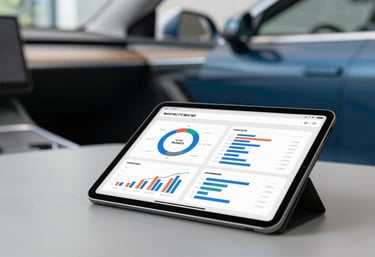 A high-end workspace showing a tablet with car financing charts and a modern car interior in the background. Colors include Mist Grey and Deep Sea Blue. Professional photography.