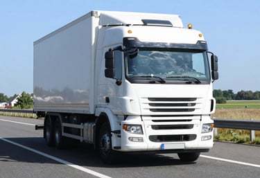 A modern truck loaded with cargo containers leaving the Amersfoort warehouse on a clear day.