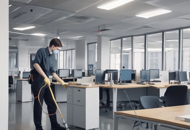 A professional cleaner carefully sanitizing an office desk with blue and navy accents.