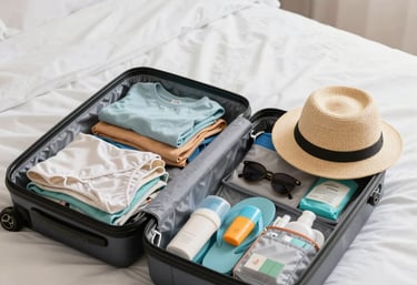 A cozy workspace with a laptop open to a cruise planning blog, surrounded by nautical decor.