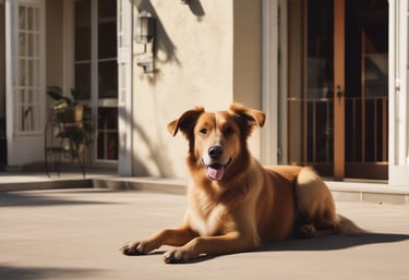 Perro tomando el sol en la terraza de una casa.