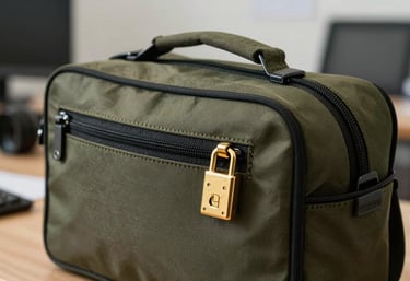 Close-up of a secure, heavy-duty transit pouch with a specialized gold-colored lock being zipped shut in a professional South American office environment.