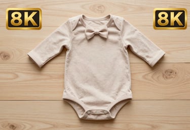 A flat-lay photograph of a baby girl's outfit in soft beige (#F8F5F2) and a tiny matching bow, on a light wooden background.