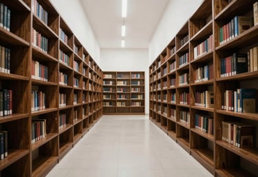 Wide shot of a modern, minimal legal library in a Brazilian building. Dark wood shelves, white walls, and bright lighting creating an atmosphere of calm and focus.