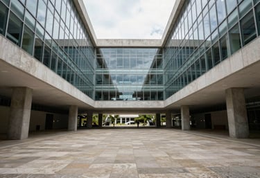 Wide, symmetrical shot of a modern Brazilian architectural space, featuring glass and concrete. Symbolic of clarity, structure, and the framework of the law.
