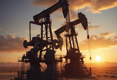 Industrial workers collaborating on oil rig equipment under a clear blue sky.