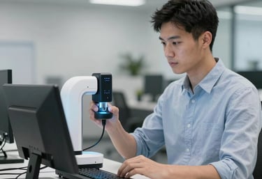 A sleek, dark-themed workspace with multiple monitors displaying cybersecurity and AI automation dashboards.