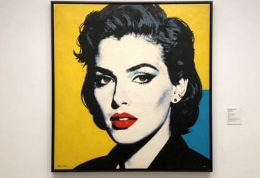 Warmly lit gallery interior showcasing vibrant paintings and sculptures with visitors engaging closely.